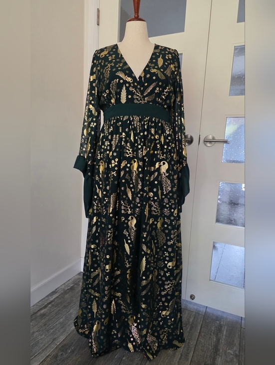 Unique Vintage Dresses & Skirts - Unique Vintage Brand Green & Gold Foil Peacock Print Empire Waist Maxi Dress